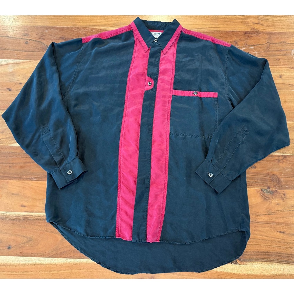 Vintage NineTwenty East Mens Silk Button Down Shirt Small Black Pink Colorblock